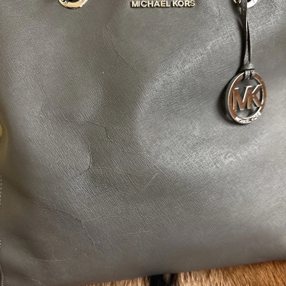 Michael Kors Jet Set Shoulder Tote‎ Bag Gray Saffiano Leather Purse READ